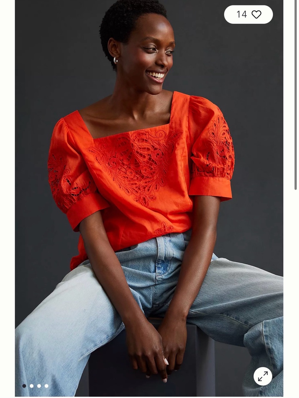 Anthropologie Bright Orange Square-Neck Eyelet Puff-Sleeve Blouse